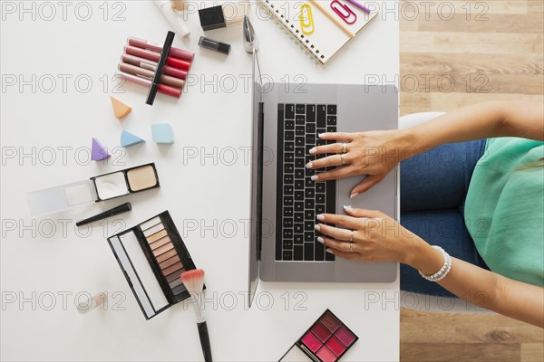 Top view woman desk working