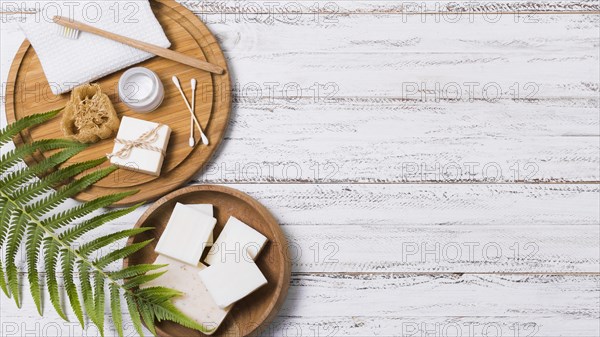 Zero waste arrangement wooden background with copy space