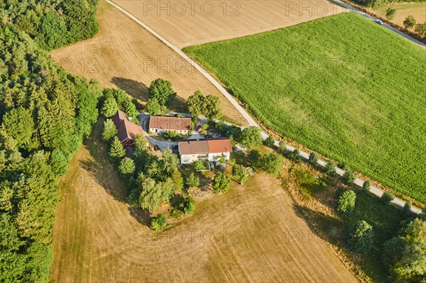 Aerial view over the fields and forests near Woerth an der Donau