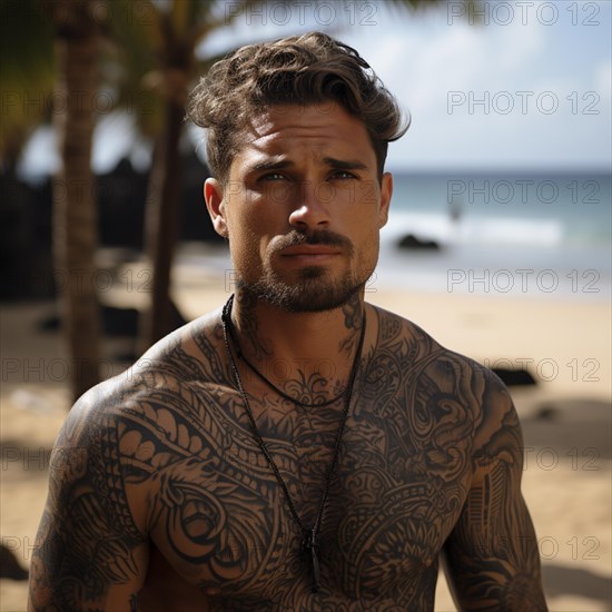 Man with tattoos on upper body on the beach and beach club