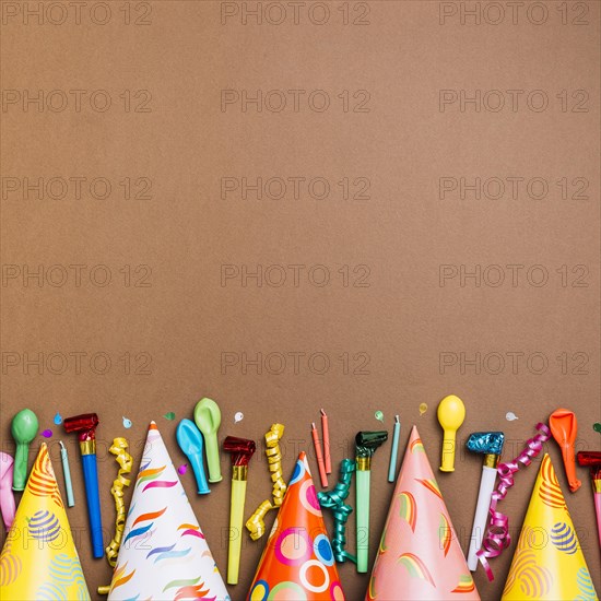 Happy birthday greeting card with objects brown card