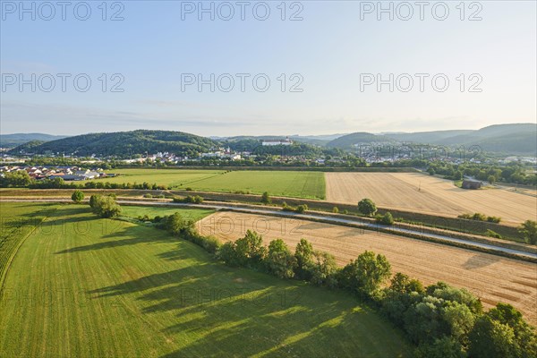 Aerial view over the fields and forests near Woerth an der Donau