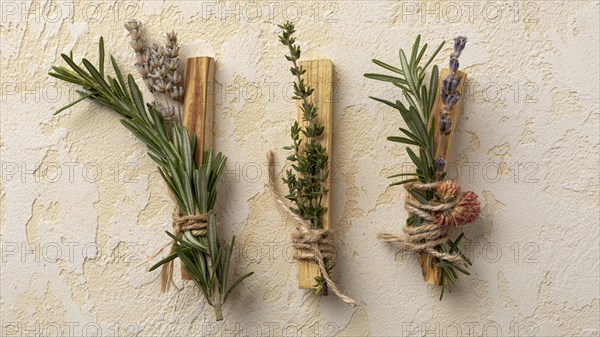 Top view arrangement leaves wooden sticks