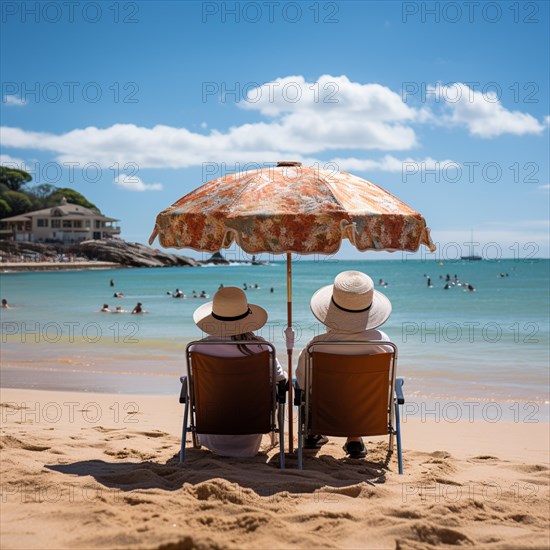 Retired couple sitting on sun loungers under an umbrella and looking at the sea