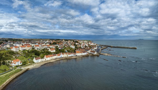 Aerial panorama of the fishing village of Pittenweem on the Firth of Forth