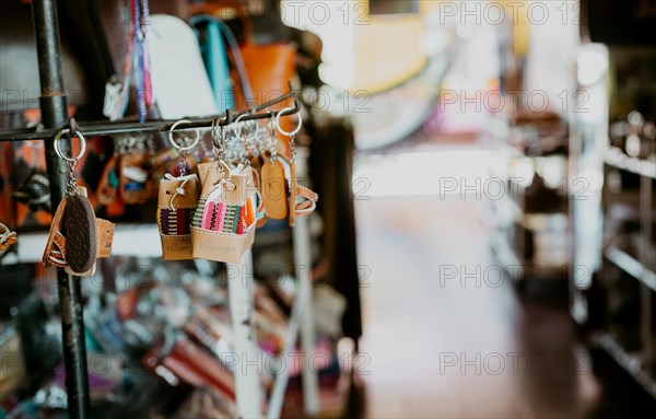 Close up of handmade keychains in the Masaya handicraft market. Keychains and souvenirs in the Masaya handicraft market