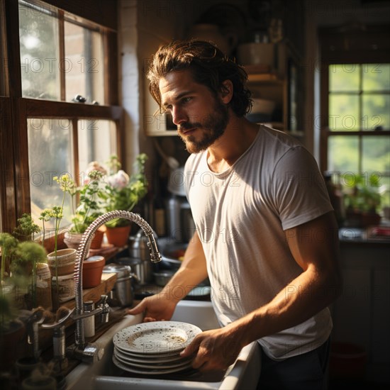 Father in the kitchen washing up plates and glasses