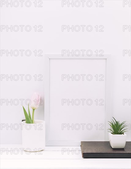 Diary plant tulip flower with blank frame white table