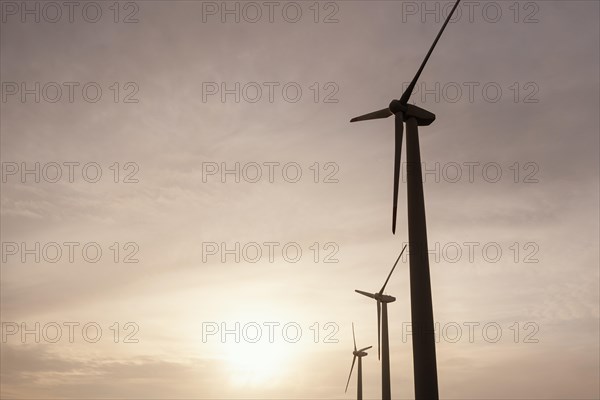 Low angle wind turbines sunset generating energy