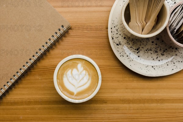 Top view desk with cup cofee