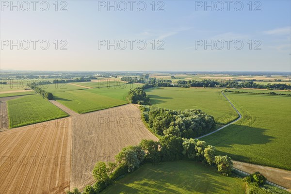 Aerial view over the fields and forests near Woerth an der Donau