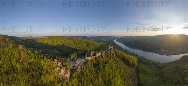 Drone shot of Aggstein Ruin at sunrise with Danube