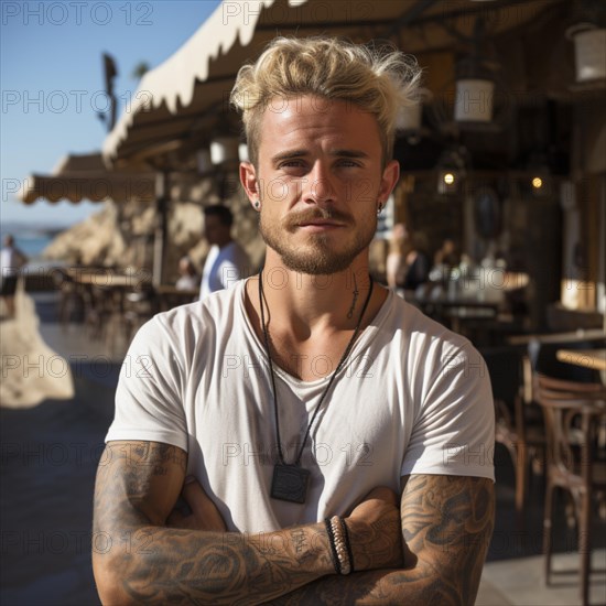 Man with tattoos on upper body on the beach and beach club