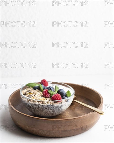 High angle oatmeal bowl with raspberries copy space