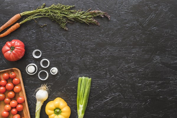 Overhead view fresh vegetables kitchen worktop