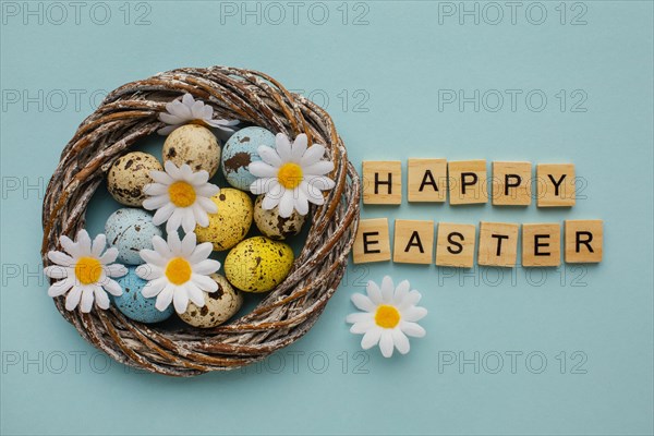 Top view easter eggs basket with greeting chamomile flowers