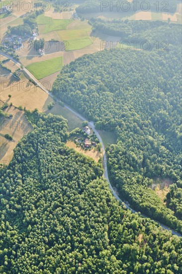 Aerial view over the fields and forests near Woerth an der Donau