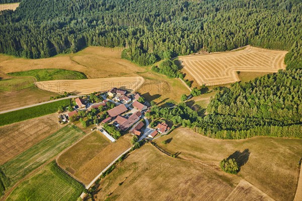 Aerial view over the fields and forests near Woerth an der Donau