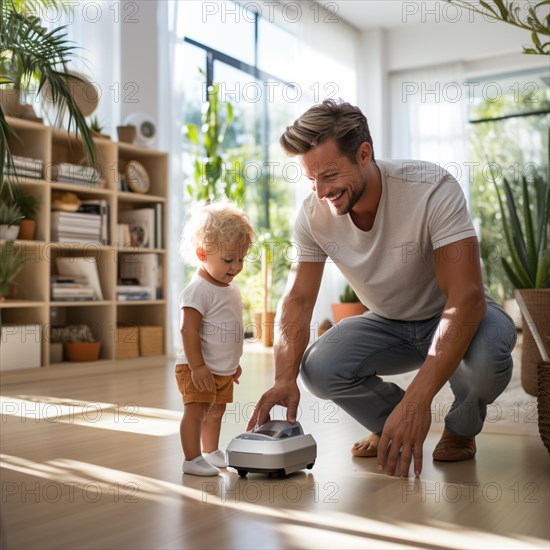 Family man vacuuming in the household