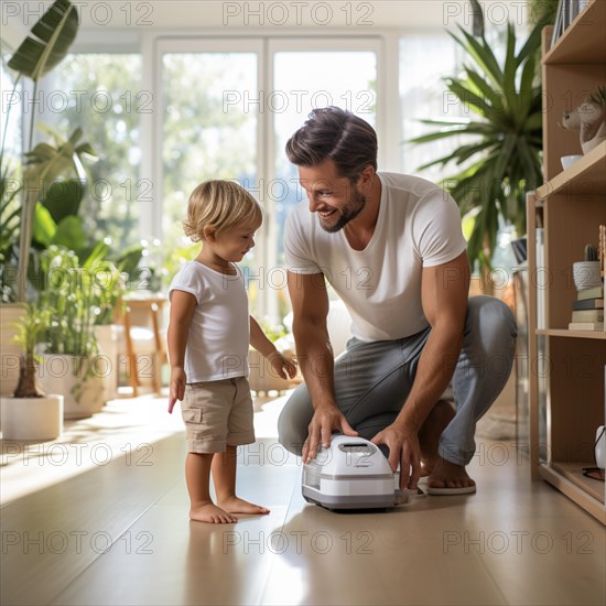 Family man vacuuming in the household