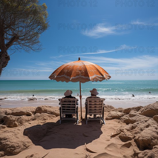 Retired couple sitting on sun loungers under an umbrella and looking at the sea