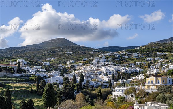 View over the village of Lefkes with white Cycladic houses