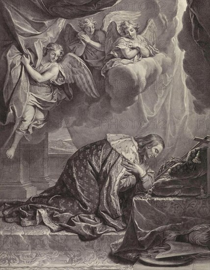 Louis XIV kneeling in front of the Cross and Crown of Thorns