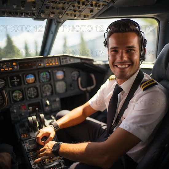 Proud pilots sit in the cockpit of their plane