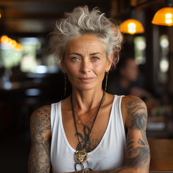 Woman with tattoos on torso at the beach and beach club