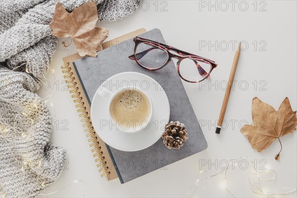 Top view coffee cup glasses agendas