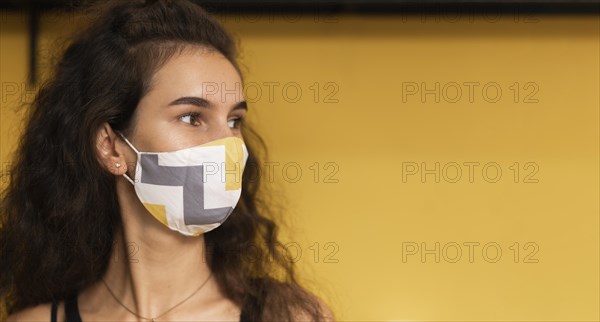Barista wearing medical mask coffee shop with copy space