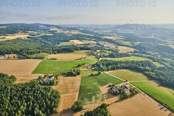 Aerial view over the fields and forests near Woerth an der Donau