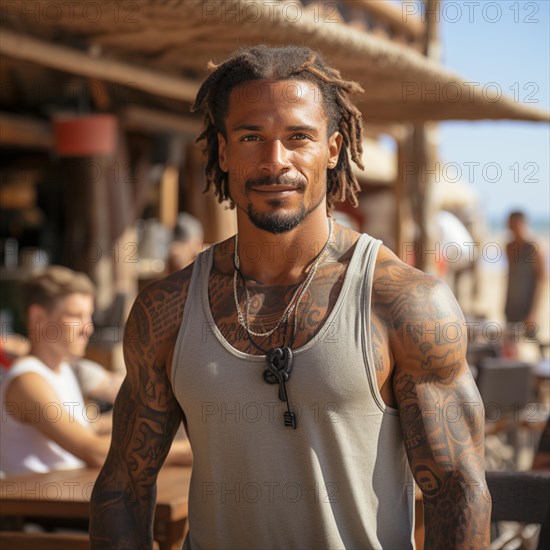 Man with tattoos on upper body on the beach and beach club