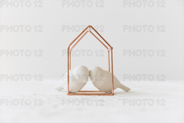 Two white lovebirds metal house