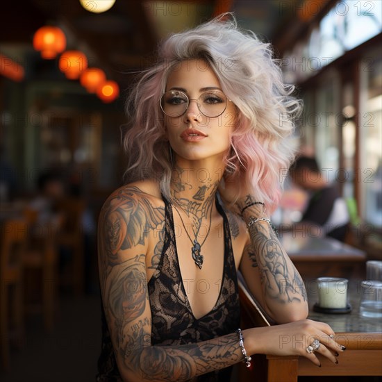 Woman with tattoos on torso at the beach and beach club