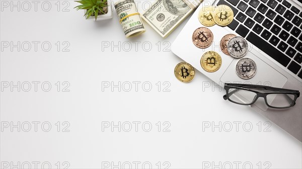 Bitcoin top laptop flat lay