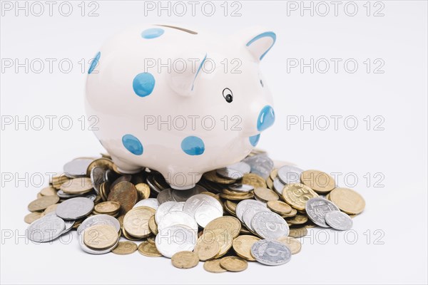 Piggybank many coins white background