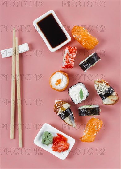 Flat lay traditional japanese sushi assortment