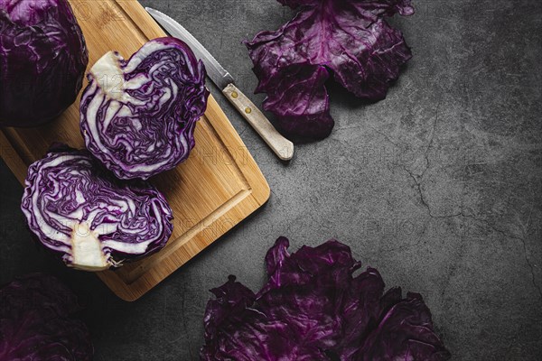 Top view red cabbage cutting board