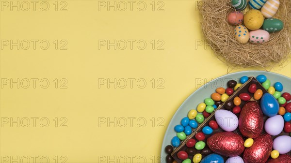 Top view decoration with easter food copy space