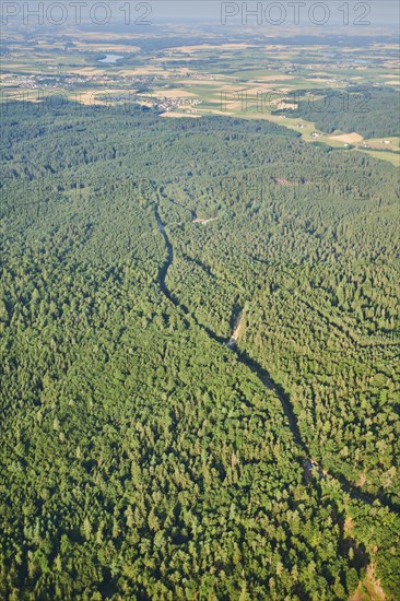 Aerial view over the fields and forests near Woerth an der Donau