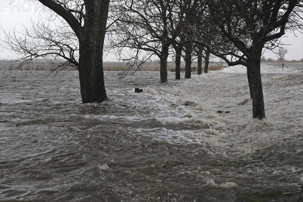 Overtopping of the dike during a storm surge on the Lower Weser island of Strohauser Plate