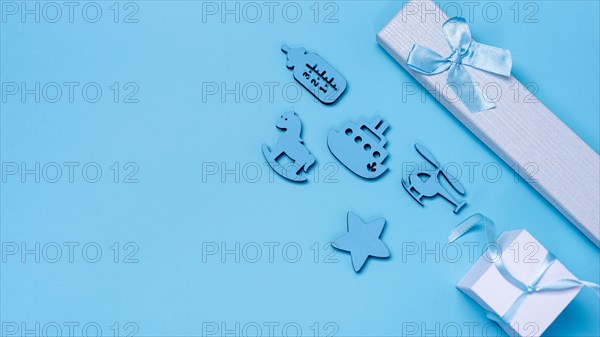 Top view cute little baby boy accesories with copy space