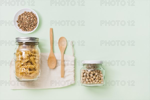 Assortment zero waste products green background with copy space