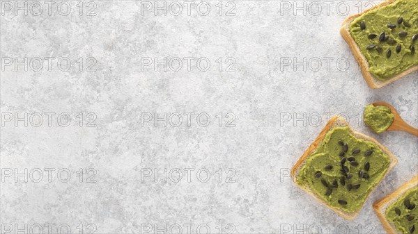 Flat lay avocado toast with seeds copy space