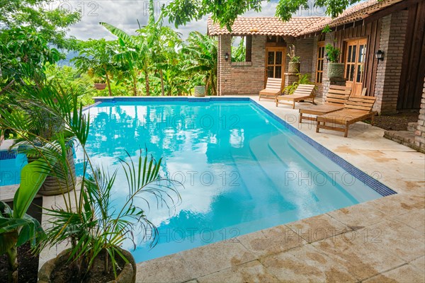 Beautiful swimming pool surrounded by nature. A crystal clear swimming pool surrounded by trees. Concept of home pool designs