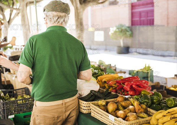 Rear view senior man standing vegetable fruit stall