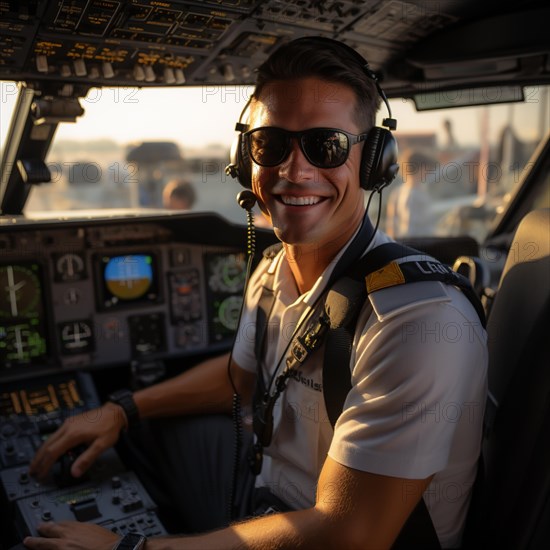 Proud pilots sit in the cockpit of their plane