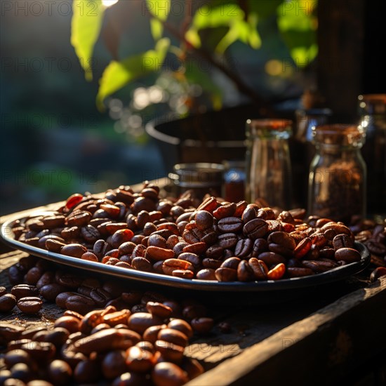 Coffee beans fresh and roasted Coffee beans on a plantation