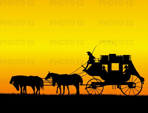 Four horses stage coach wagon on the prairie